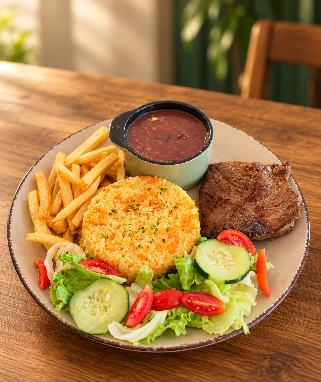 Prato de comida brasileira com arroz, feijão, carne e salada